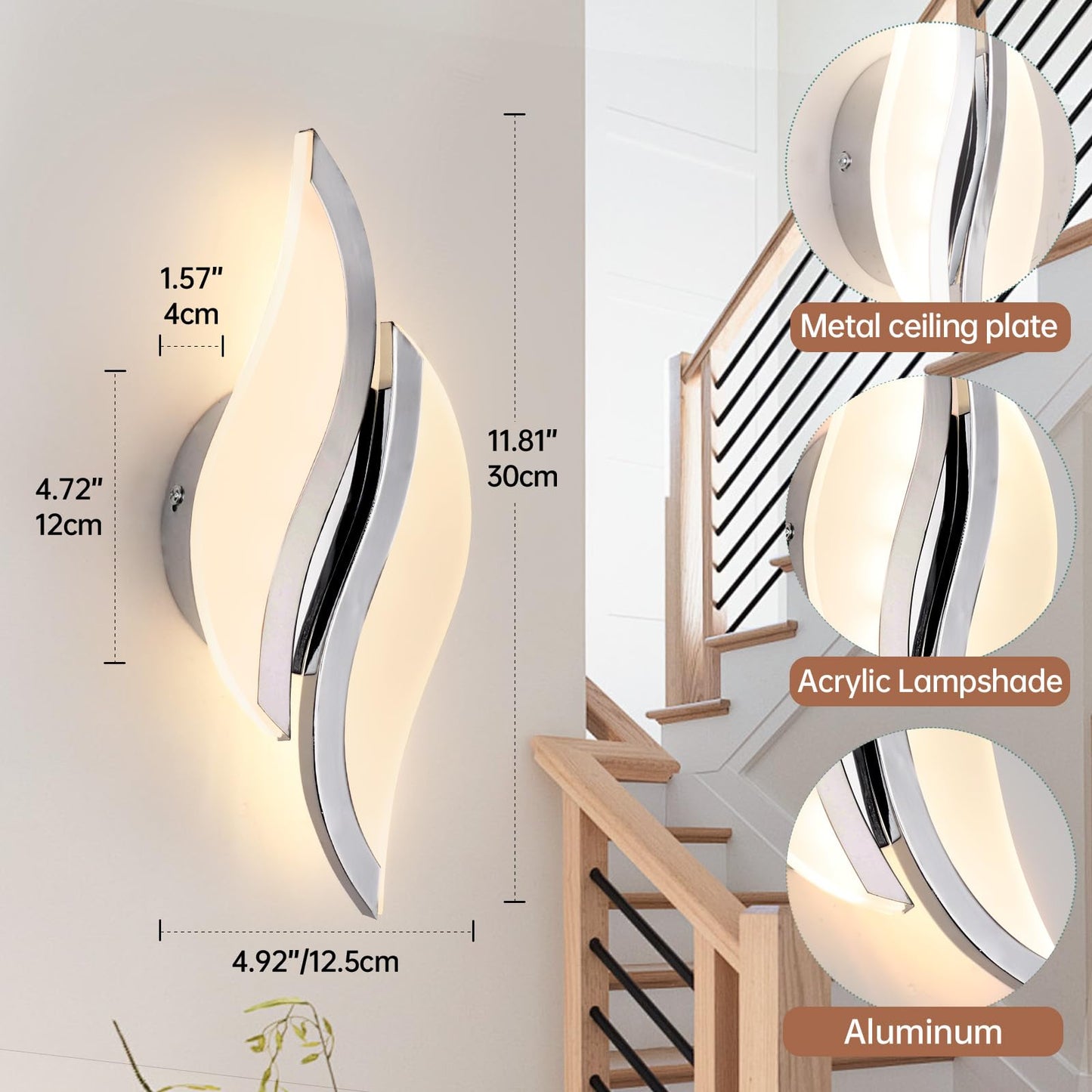 Caneoe Modern Led Wall Sconce 3000K Warm White Indoor Wall Light Fixtures Acrylic Wall Sconce Lighting For Living Room Bedroom Bedside Bathroom Hallway Stairway Wall Lamp (Chrome  1 Pack  3000K)