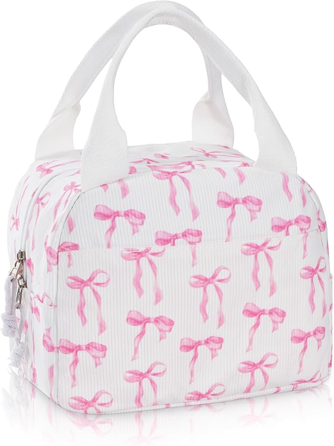 Lunch Bag for Women Ribbon Bow Insulated Lunch Box Reusable Cooler Bag Portable Cute Corduroy Leakproof Tote Bags for Travel, Work, and Picnic
