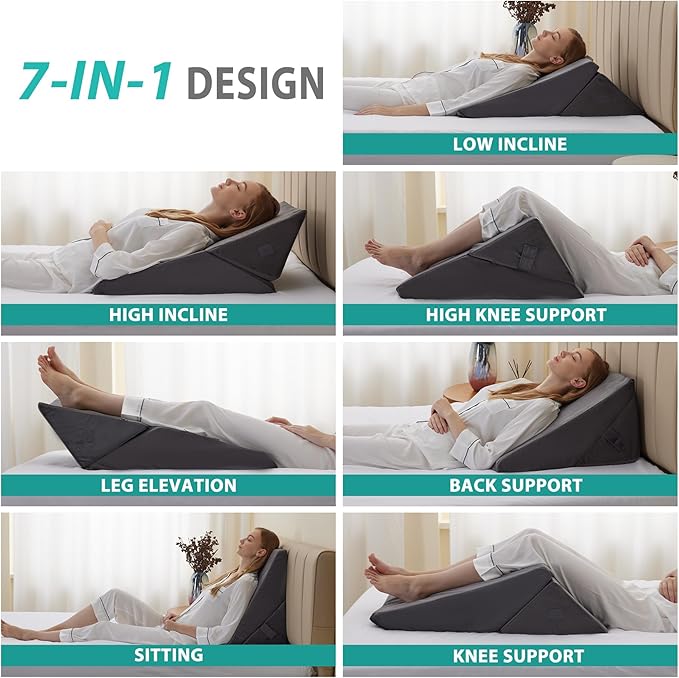 Wedge Pillow for Sleeping, Adjustable 9&12 Inch Foldable Bed Wedge Pillow Set, Orthopedic Memory Foam Triangle Pillow Wedge, 7-in-1 Elevated Pillows for Leg and Back Support, Velvet