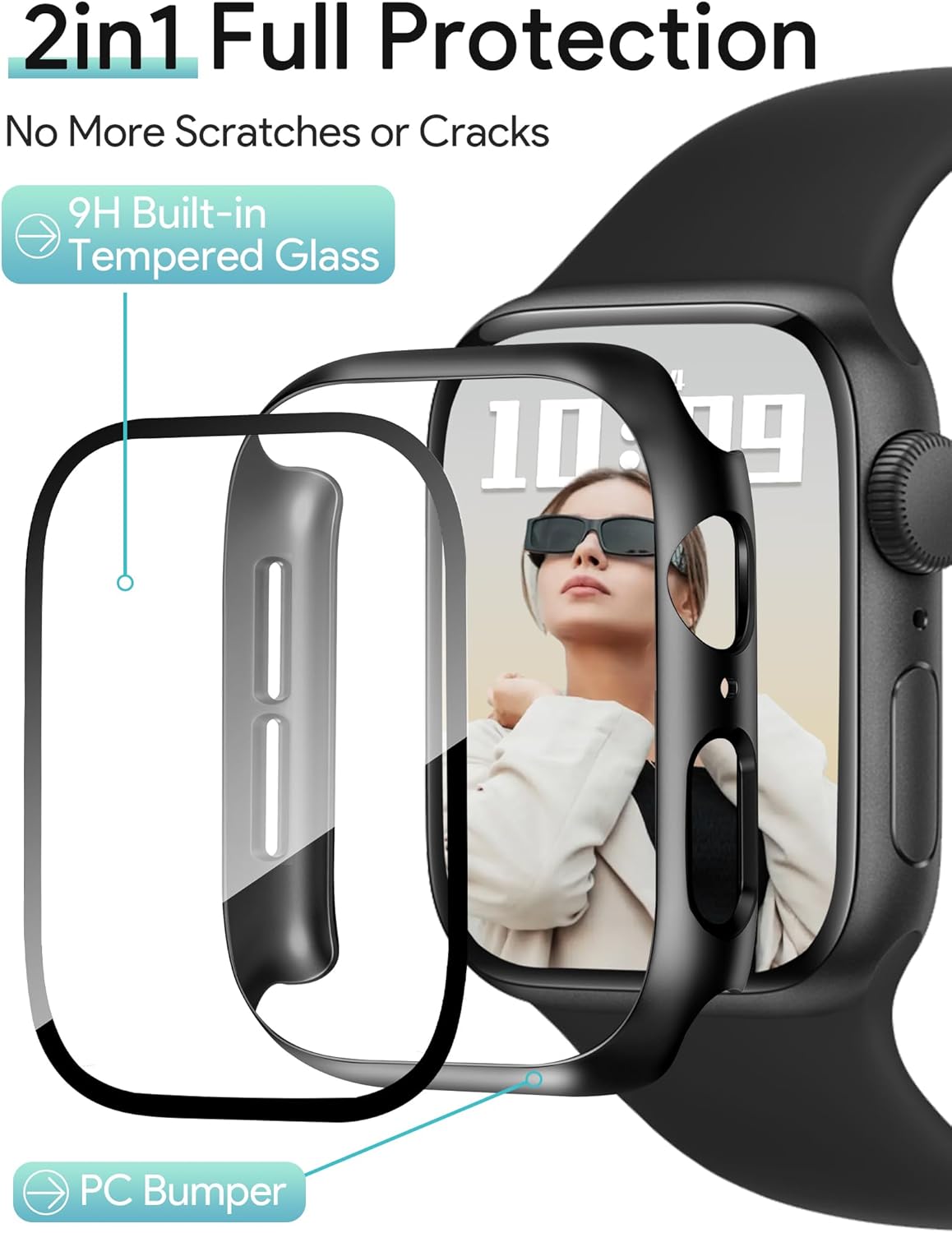 JR.DM 42mm 2 Pack Hard PC Case with HD Tempered Glass Screen Protector for Apple Watch Series 10/11 (2025), Guard Bumper Full Coverage Protective Anti-Scratch Face Cover for iWatch, Black+ Black
