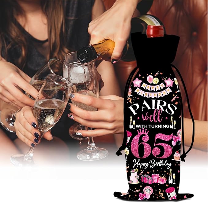 65th Birthday Gifts for Women Men Wine Bag, 65 Year Old Birthday Gifts for Women, 65th Birthday Party Decorations for Women Men, Pairs Well with Turning 65 Wine Bags (Black Pink)
