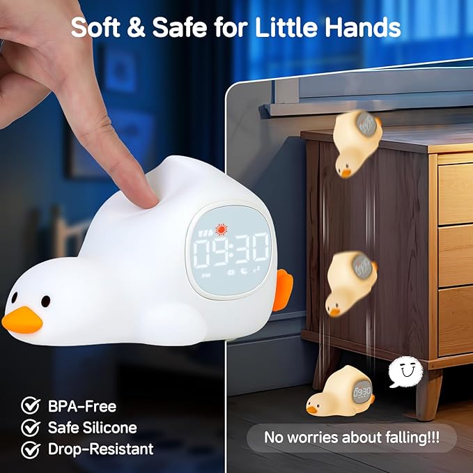 Yiliaw Alarm Clock for Kids with Night Light, Sleep Training Clock Time to Wake Clock, Rechargeable Silicone Light for Bedroom, Perfect Sleep Companion for Boys Girls, Laying Duck