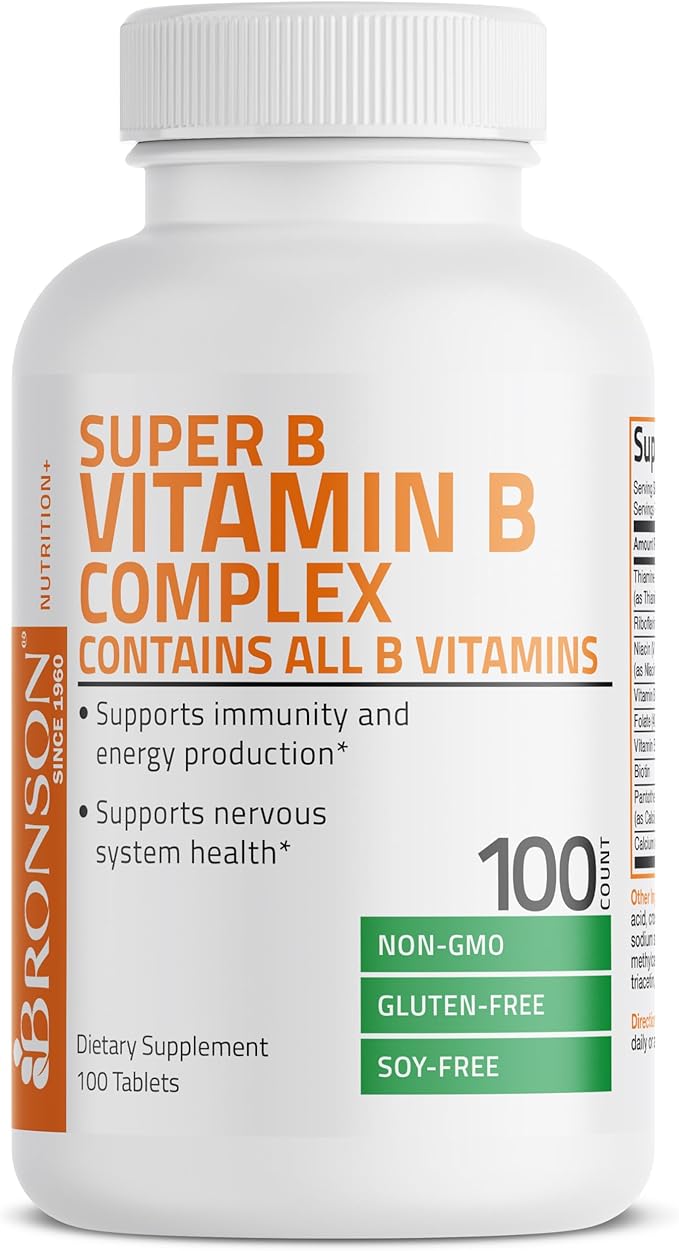 Bronson Vitamin B Complex (Vitamin B1, B2, B3, B6, B9 - Folic Acid, B12), 100 Tablets