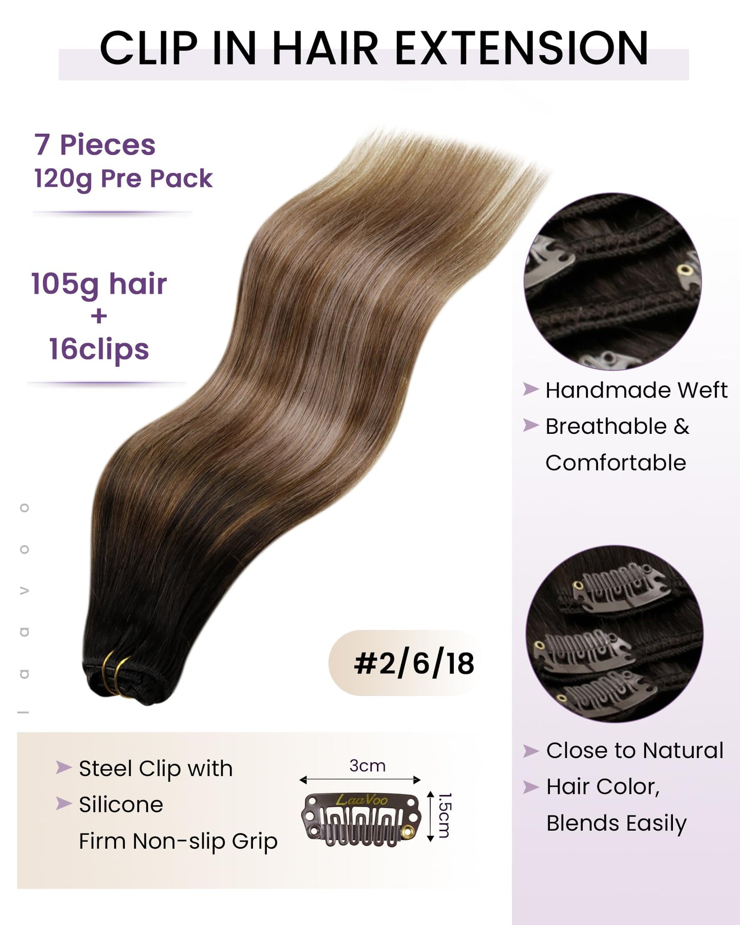 LaaVoo Real Hair Extensions Clip in Human Hair Brown Ombre Human Hair Clip in Extensions Darkes Brown To Ash Blonde Balayage 14