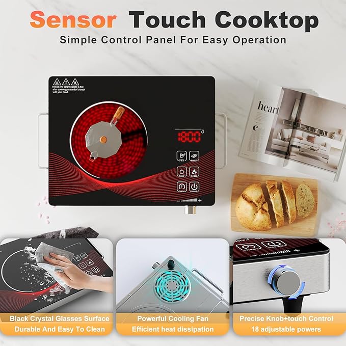 Portable Electric Stove 1800W, 110V Ceramic Hot Plate, Single Burner Cooktop with Knob Control, Timer, Safety Lock, Portable Cooking for Home, Office, RV
