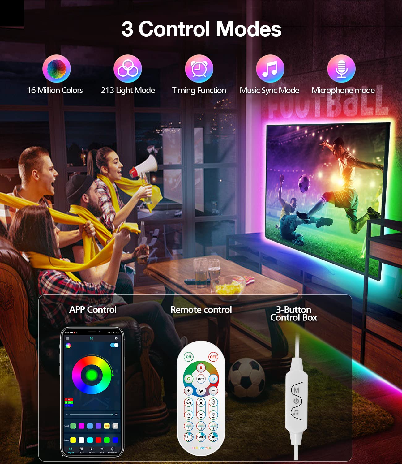 Daymeet RGB LED TV Backlight Strip, 13.1ft, Multicoloured, Music Sync, Bluetooth APP Control, for 45-60 inch TVs