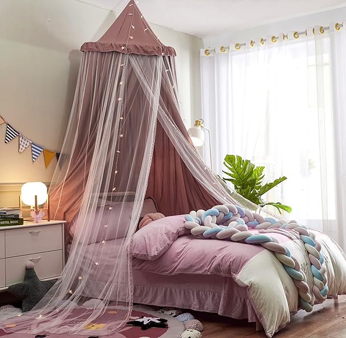 VETHIN Bed Canopy for Kids with Lights,Double Layer Princess Round Dome Children Dreamy Mosquito Net Bedding Girls Room Castle Play Tent Hanging House Decor Reading Nook Canopies(Jujube Red/White)