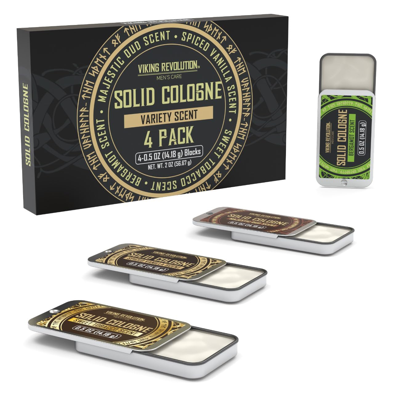 Viking Revolution 4 Pack Mens Colognes - 0.5 Oz Solid Perfume with Spiced Vanilla, Sweet Tobacco, Majestic Oud, Bergamot - Travel Wax Balm Cologne