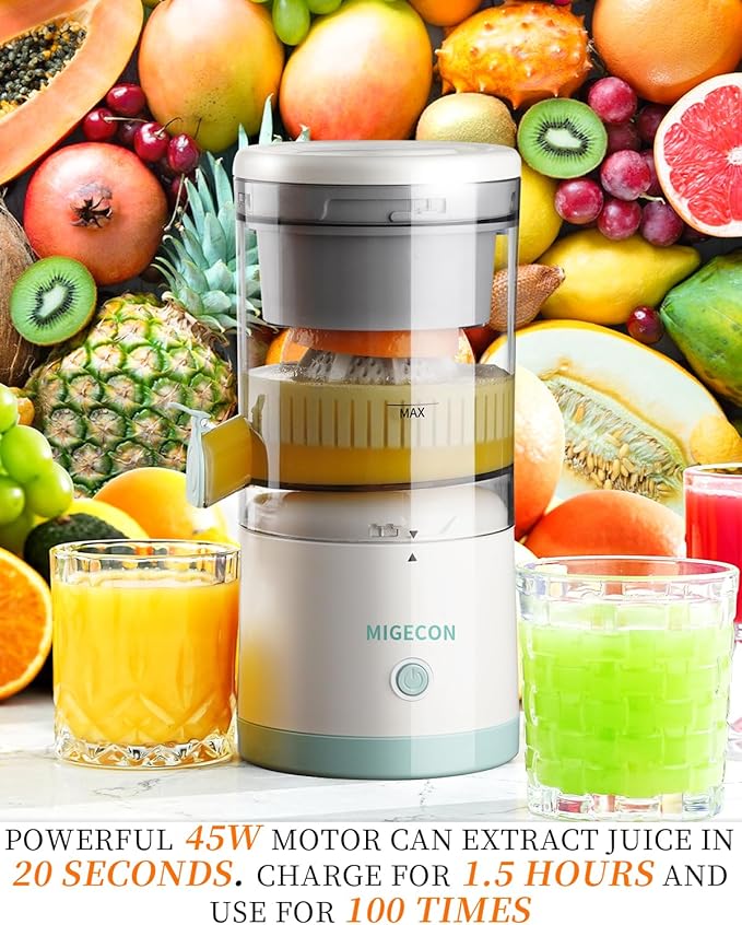 Electric Juicer Rechargeable,Portable Kitchen Gadget for making Orange Juice,Squeezing Oranges,Lemons,Kiwi Fruit,Grapefruits,and Citrus Juices.Comes with USB charging and a Cleaning Brush(White)