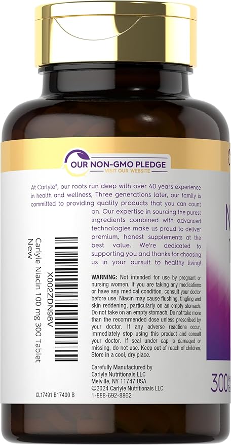 Carlyle Niacin 100mg | 300 Vegetarian Tablets | Non-GMO, Gluten Free | High Potency Formula