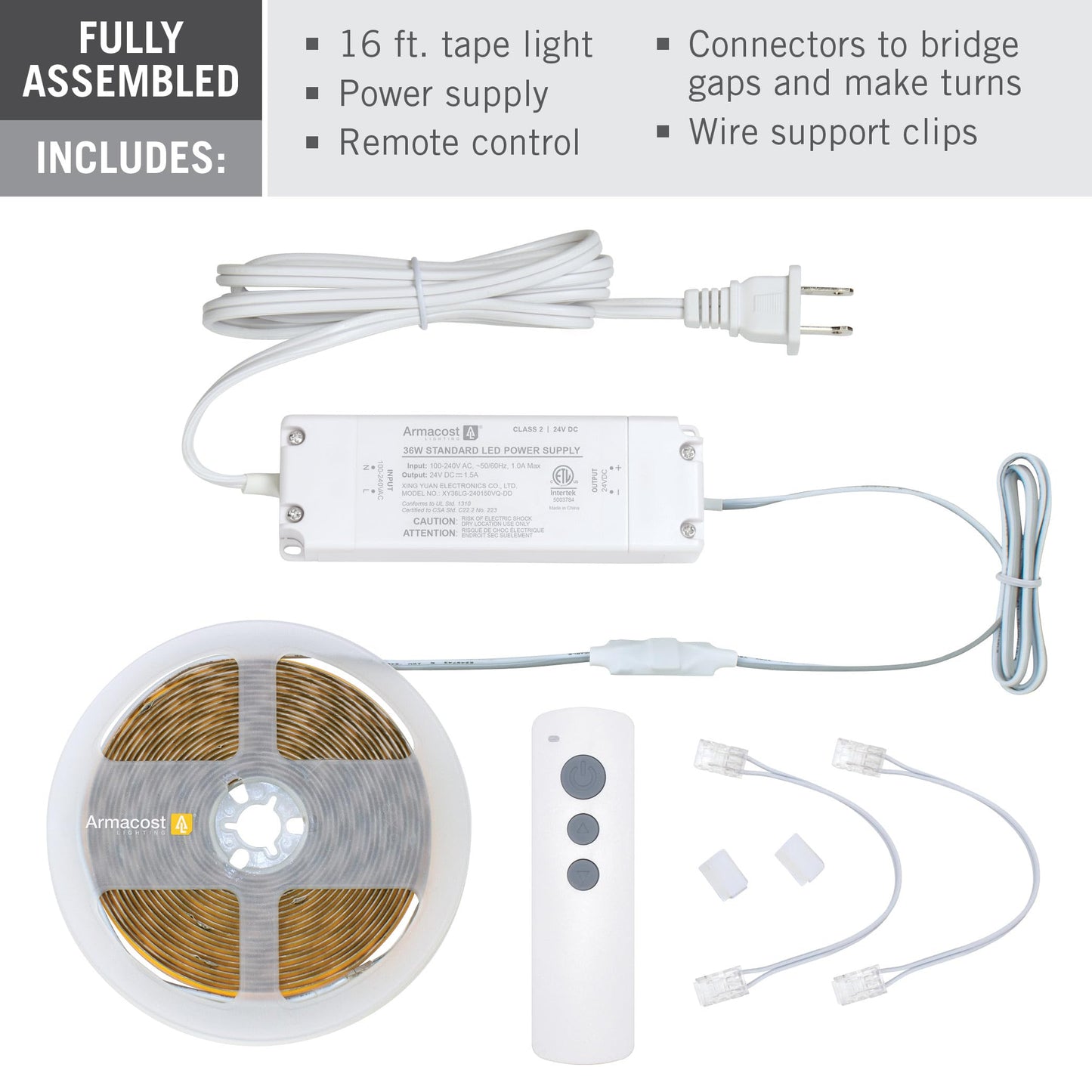 Armacost Lighting LED Tape Light Kit, 16ft, 3000K White Continuous (COB), Plastic, Model 421504
