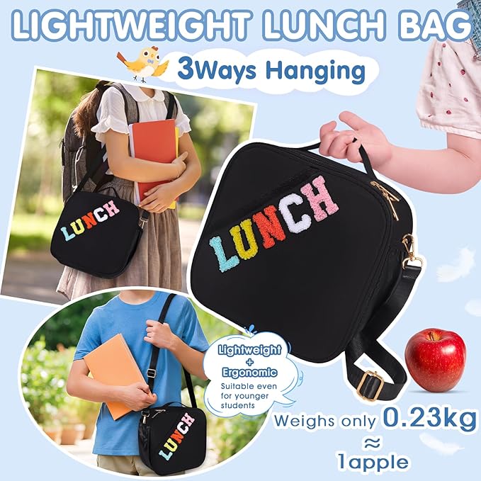 Lunch Bag Kids,Insulated Lunch Bag With Adjustable Shoulder Strap,Reusable Lunch Bag for Kids, Girls,Boys, lunch Bag Women,Preppy Lunch Box for School,Travel, Picnic (black)