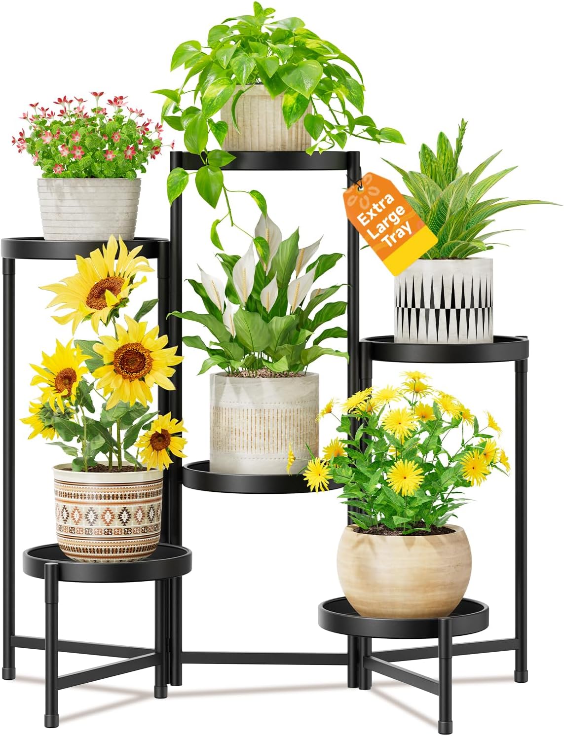 LASZOLA 6 Tiered Folding Plant Stand Indoor for Multiple Large Planter, Tall Heavy Duty Adjustable Rack with Rust Proof 10 Inch Wide Tray, Sturdy Vertical Tree Organizer for Narrow Inside Floor, Black