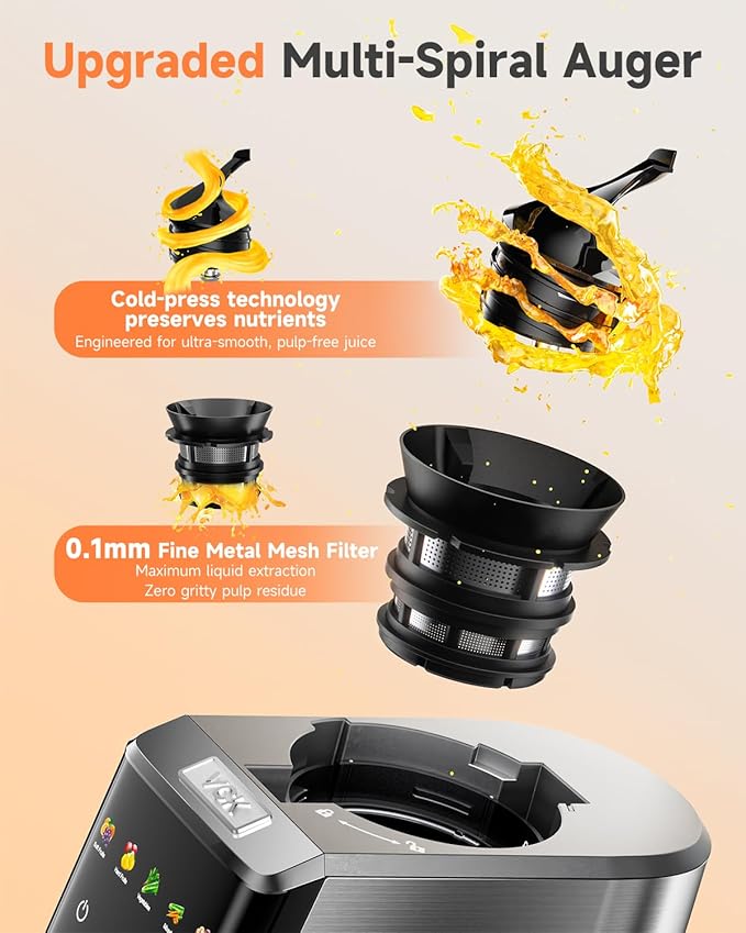 VCK Cold Press Juicer - Large 5.12" Feed Chute, Easy to Clean Slow Masticating for Nutrient Retention Quiet 250W Motor -Silver