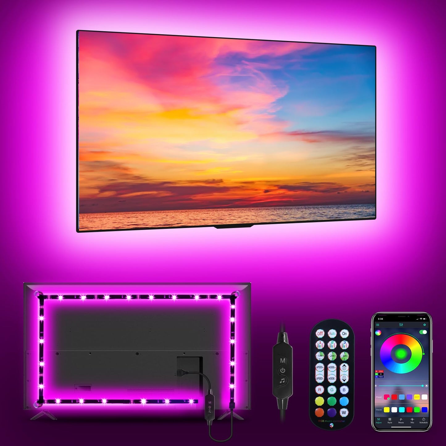 MATICOD LED Strip Lights for TV, 9.84ft RGB, Bluetooth APP Remote, Music Sync, for 32-43in TV, Multicolor