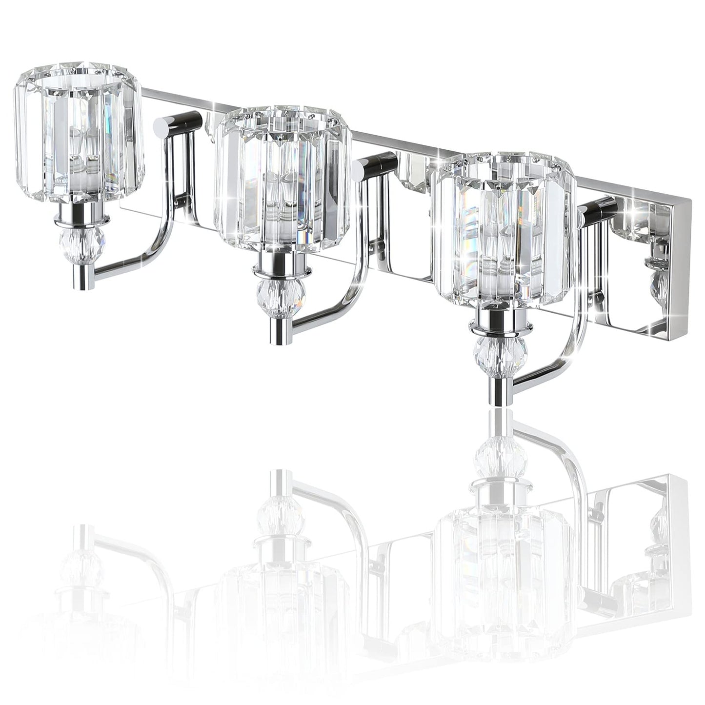 Ralbay 3-Light Crystal Vanity Light Fixtures, 24 Chrome Stainless Steel, Model 8605 For Modern Bathroom Wall Lighting