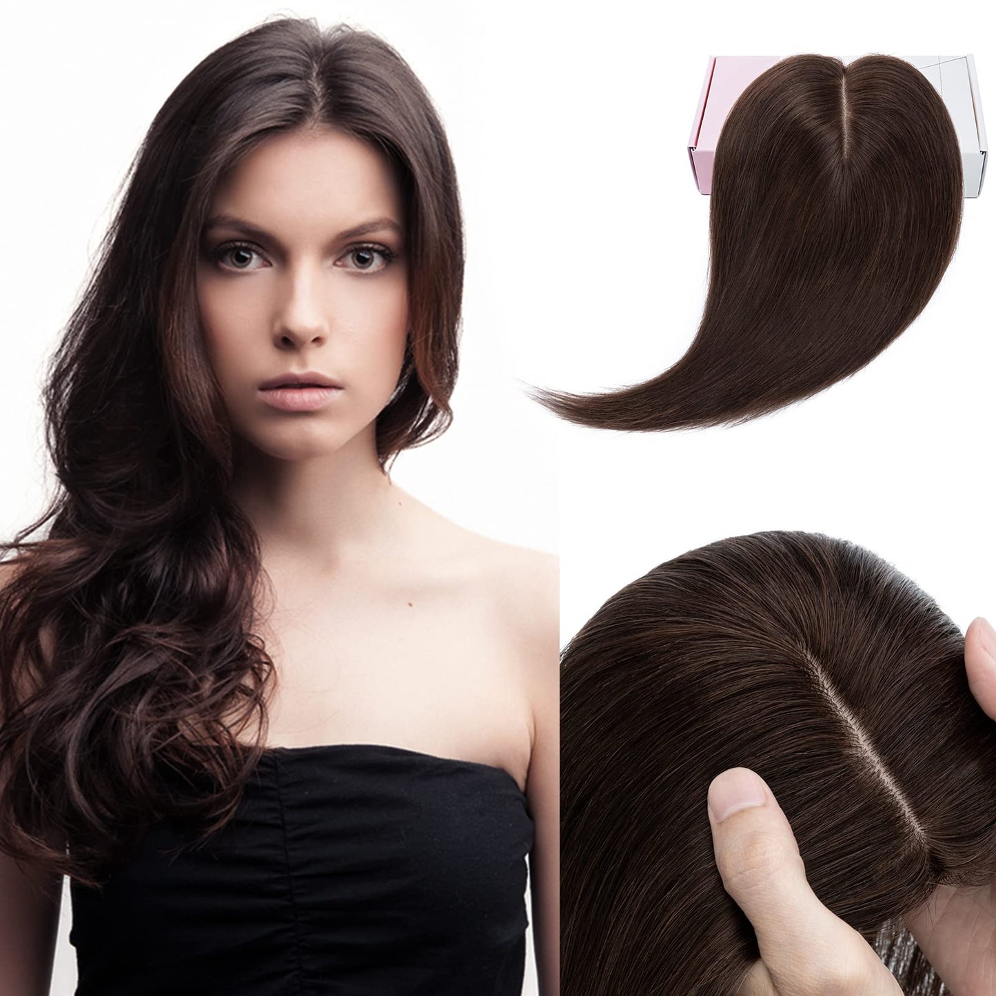 Elailite Hair Toppers for Women Real Human Hair Topper Thinning Thin 5.1x2.8 Silk Base Clip in Remy Hairpieces 14 Inch Dark Brow