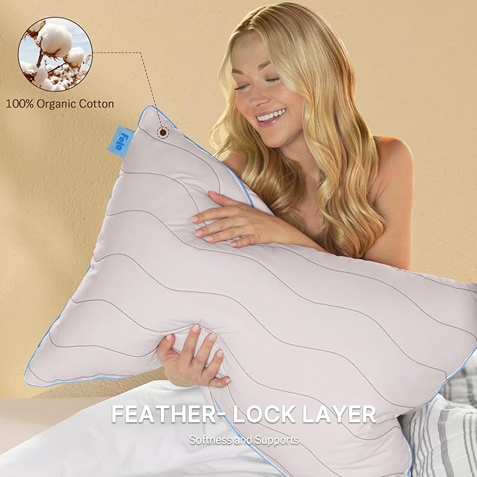 felo Feather Down Pillows Set of 4, Queen Size Goose Pillow for Sleeping, Luxury Hotel Collection Bed Pillow, Support Pillow for Side Back Pain Sleepers, 100% Organic Cotton (20" x 30")
