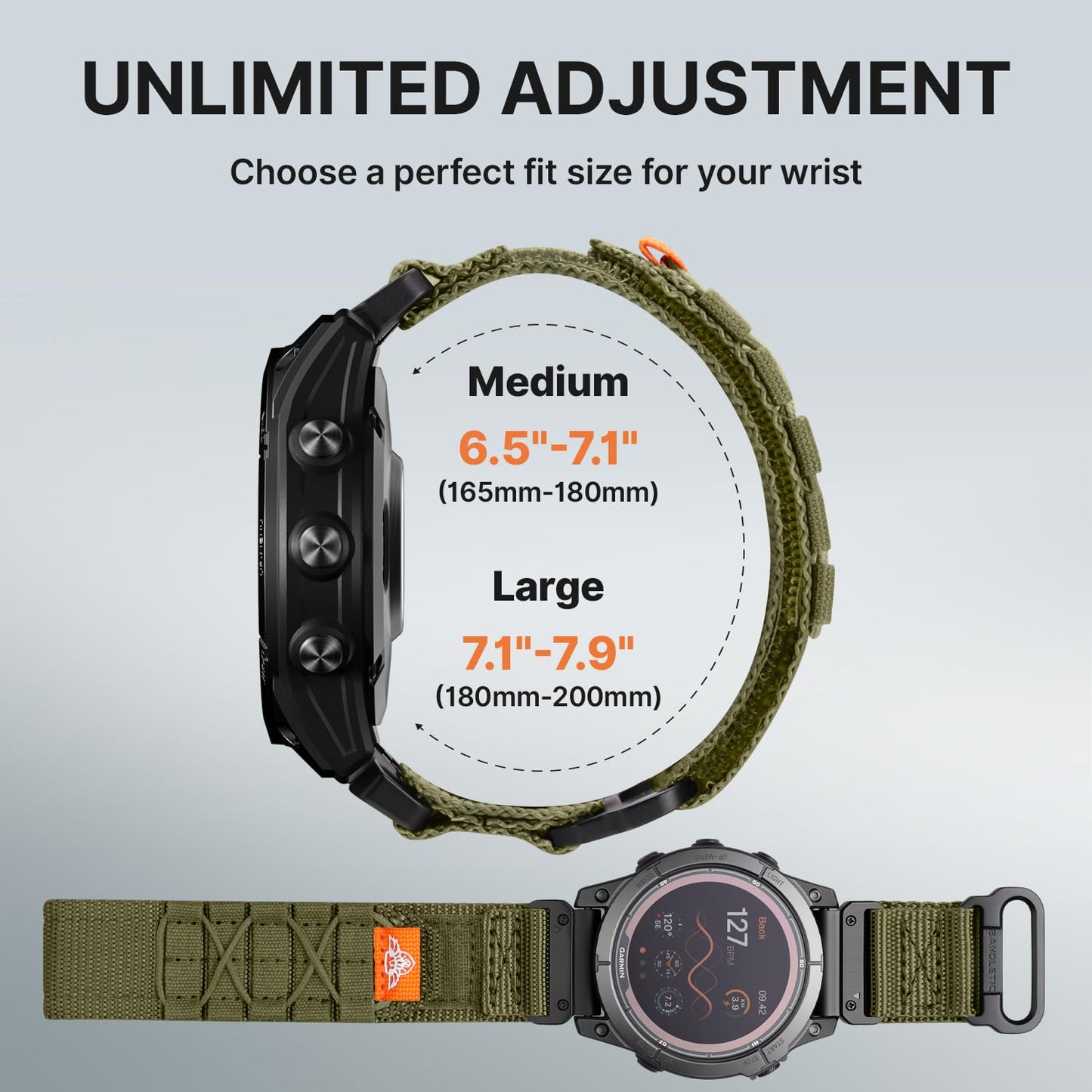 Bandletic Compatible with Garmin Instinct 2 3 Watch Bands, Rugged Tactical Nylon for Fenix 8 47mm/7/6 Pro/5 Plus, Quick Fit 22mm Strap Fit for Forerunner 965/955/945/935/Approach S70/S62/S60/Quatix