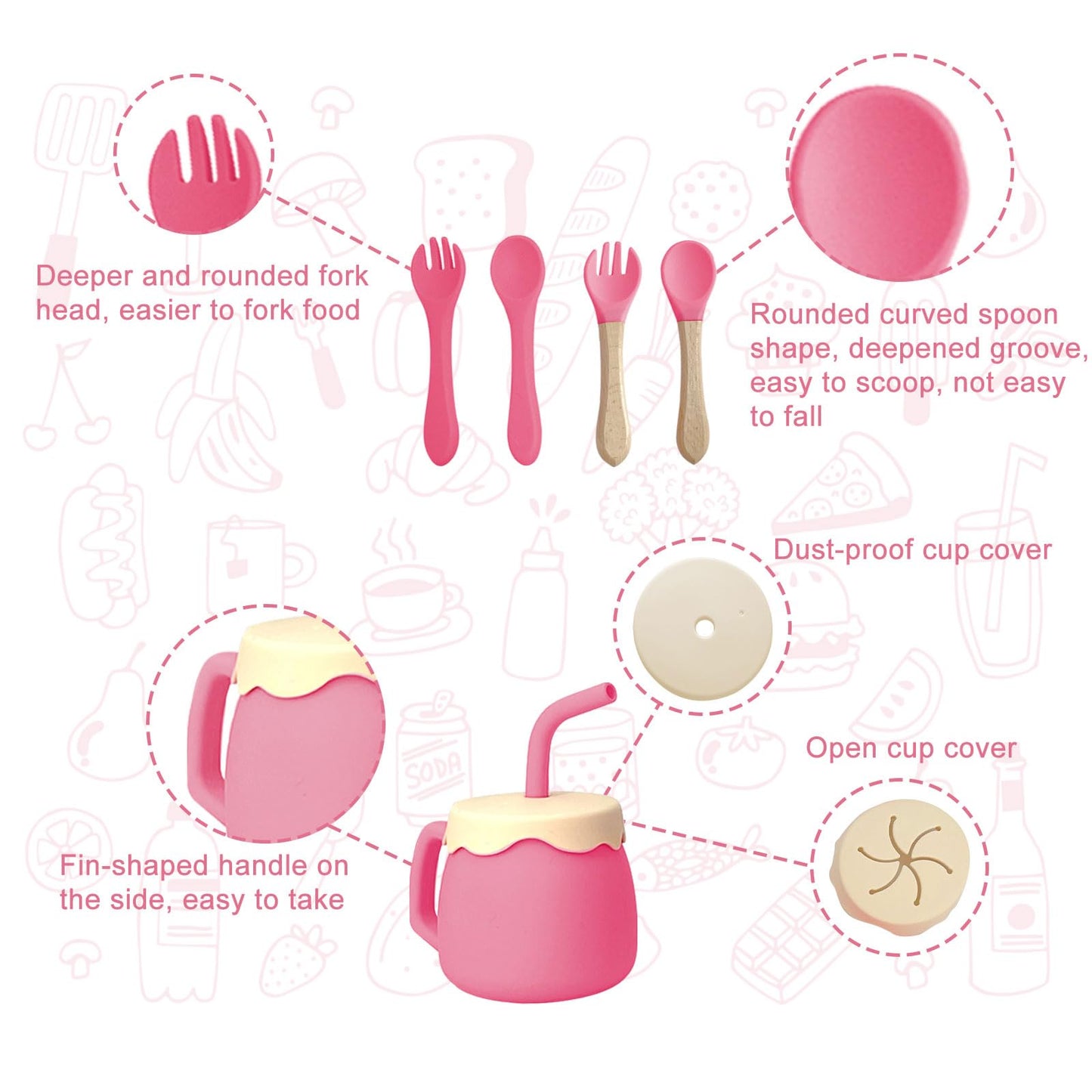 ARCASA Silicone Feeding Set, 9 Pcs Plates and Utensils, Includes Placemat, Suction Plate, Bowl, Adjustable Bib, Sippy Cup, Fork, Spoon for Babies 6+ Months (Pink)