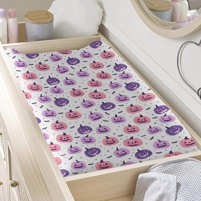 Colorful Halloween Pumpkin Bats Pattern Baby Changing Pad Cover, Unisex Fall Winter Holiday Nursery Diaper Changing Table Pad Mat Sheet for Boys Girls-16x32