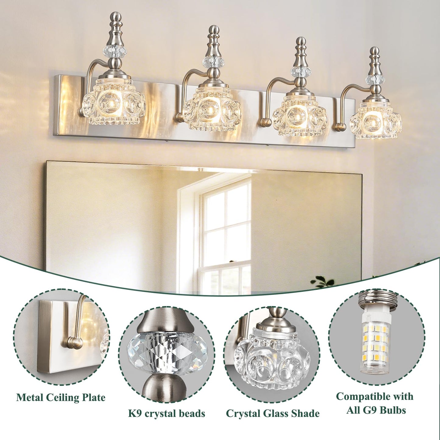 Lbsqj Modern Glass Crystal Vanity Light - Vintage Bathroom Lighting Fixtures Over Mirror  4 Light Vanity Lights G9 Bulb (27.55 Inch  Nickel)