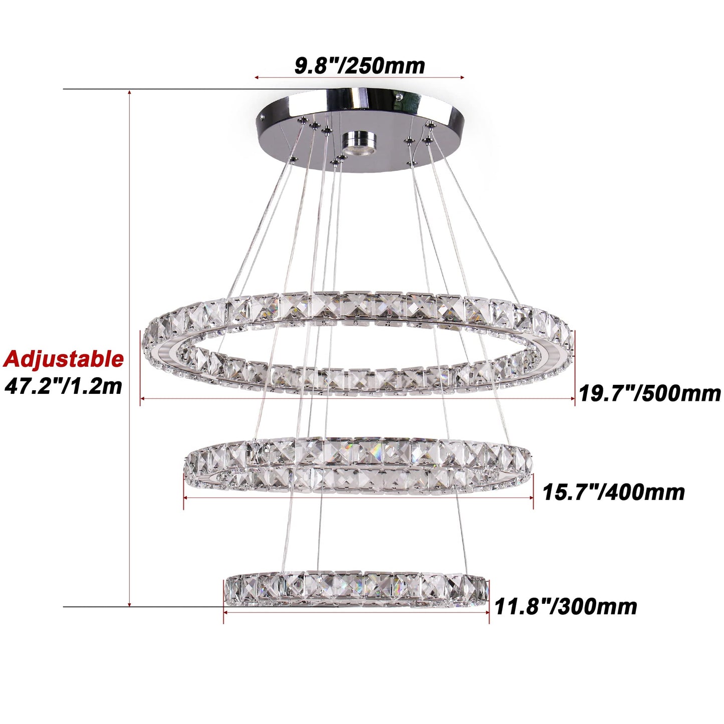 Cxgleaming Led Chandeliers Modern Ceiling Light Fixture 3 Rings Adjustable Crystal Pendant Light Fixture Ceiling Hanging For Living Room Dining Room Bedrooms Hall 250Mm Base 209 Crystals (Cool White)