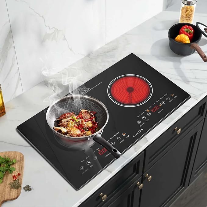 Noxton 2 Burners Electric Cooktop, 24" Built-in & Countertop Stove, Two Burner Ceramic Cooktop with Child Safety Lock, Timer, Touch Sensor Control, Portable 110V Plug-in Cooktop
