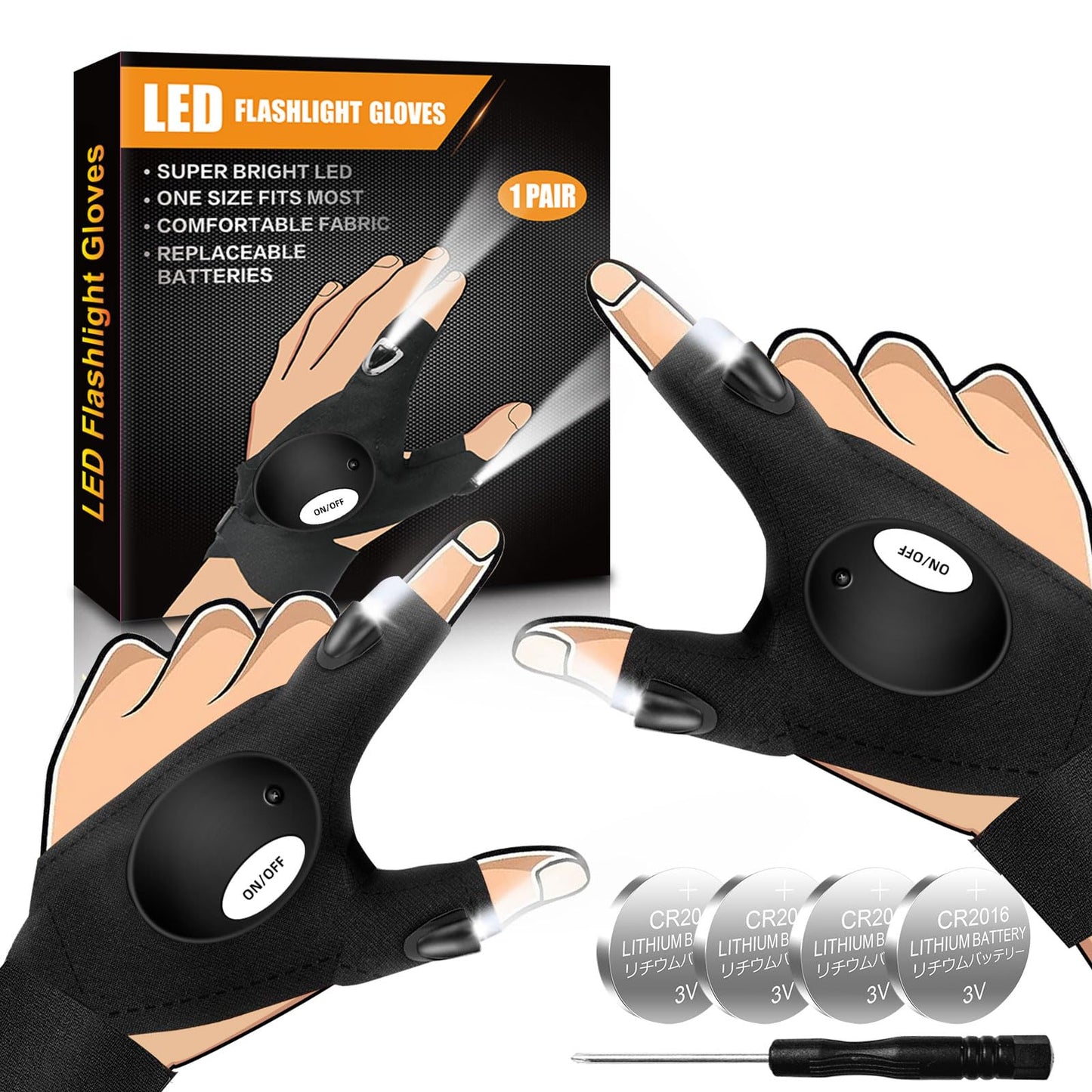 Biuonk Led Flashlight Gloves – X-Large Black Finger Lights For Repairing, Fishing & Camping – Cool Gadgets For Men & Boys
