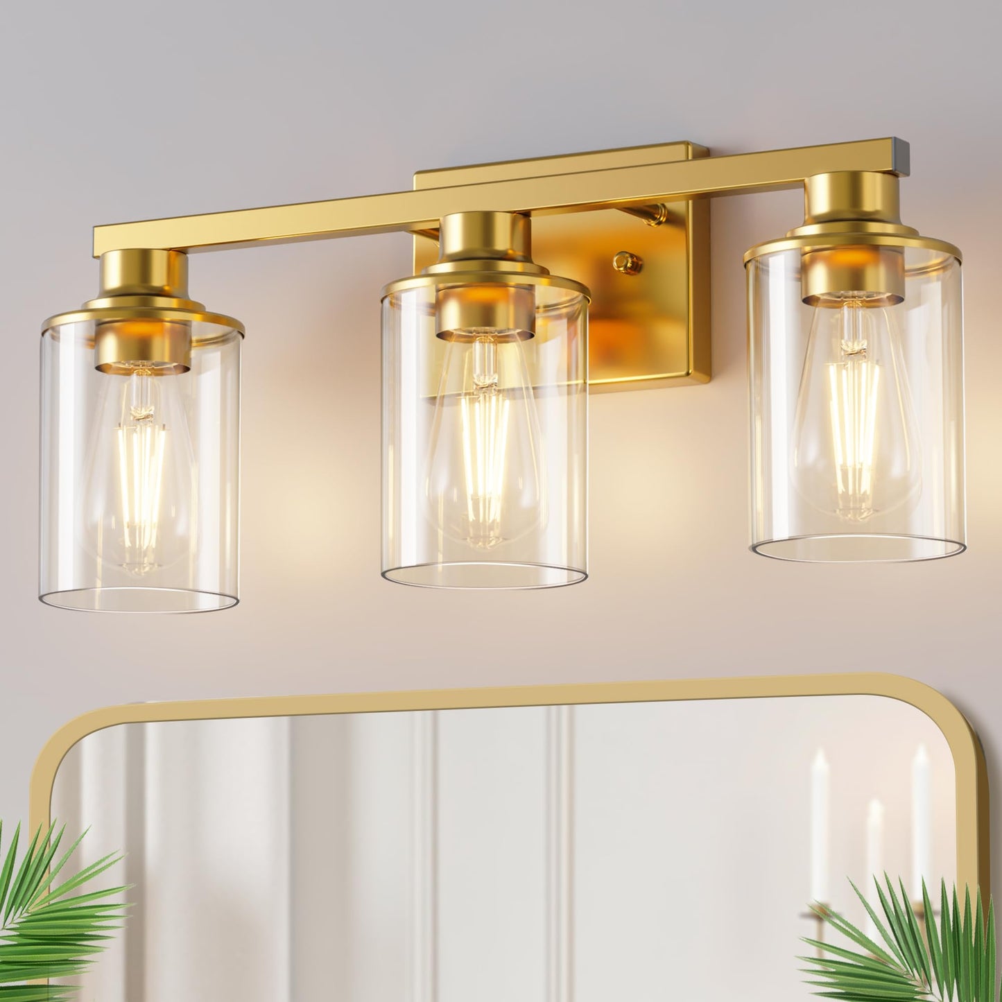 Doresshop 17 Inch Bathroom Light Fixtures  3-Light Brushed Gold Bathroom Lighting Fixtures Over Mirror With Clear Glass Shade  Vanity Lights For Living Room Bedroom