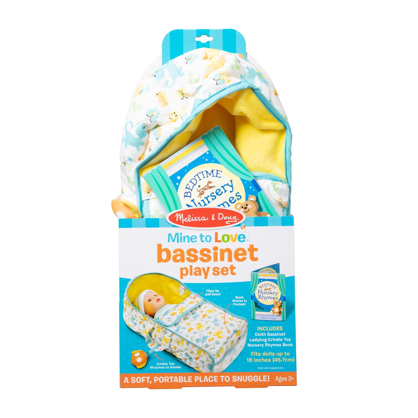 Melissa & Doug Mine to Love Bassinet Play Set Portable Carrier for Dolls with Crinkle Toy, Nursery Rhyme Book