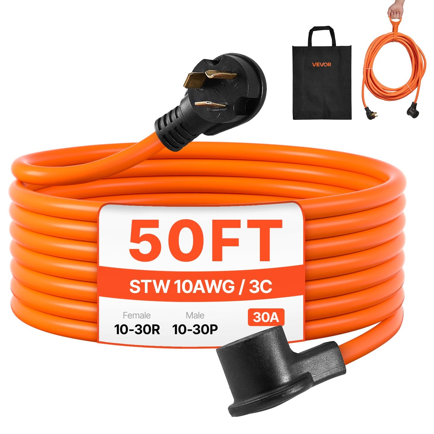 Vevor 50 Ft Dryer Extension Cord, 3-Prong Nema 10-30P To 10-30R Dryer Cord, 125V/250V Stw 10Awg/3C, 30A, Pure Copper Wire Cable