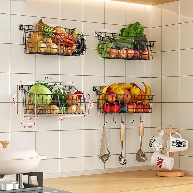 Sonyabecca 6 Pack Hanging Wall Basket for Organizing, EXTRA Large Wire Basket for Pantry with 5 S Hook+6 Adhesive Hook, Wall Mounted Shelf for Kitchen,Bedroom, Bathroom RV,Garage Organization& Storage