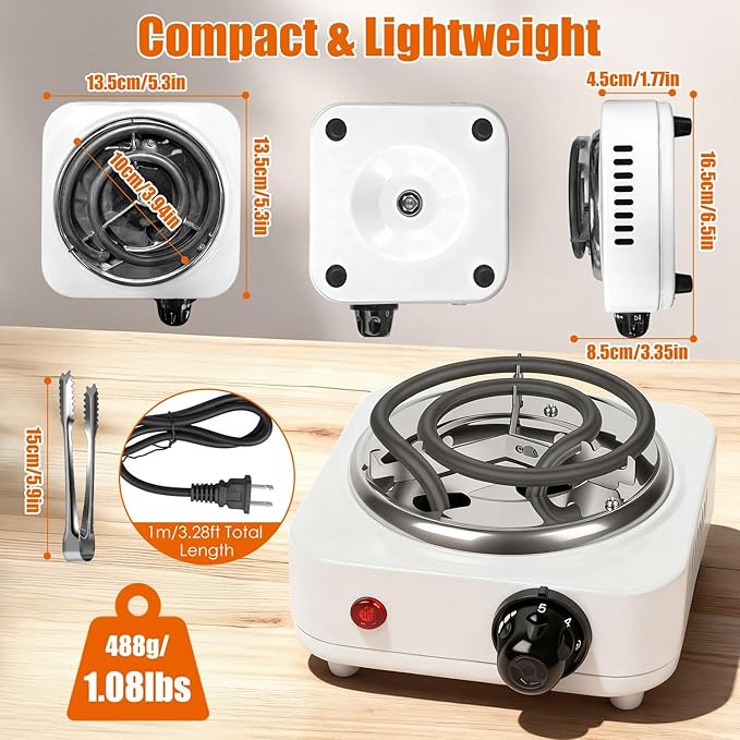 Electric Charcoal Burner Stove, 500W Hookah Single Coil Hot Plate Starter with Grill Tongs, 5-Level Temp, Smart Heat Control & Stainless Steel Fast Heating for Cooking top Countertop(White)