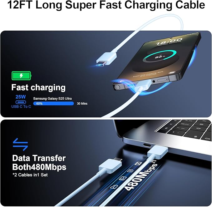 Super Fast Charger Type C, 25W USB C Wall Charger Fast Charging for Samsung Galaxy S25 Ultra/S25/S25+/S24+/S24 Ultra/S24/S24+/S23 Ultra/S22 Ultra/S21 Ultra with 12FT Long Type C Charger Cable 2Pack