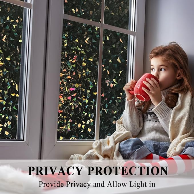 100% Light Blocking Privacy Window Film Blackout 3D Prism Sliding Glass Door Tint Room Darkening Rainbow Static Cling Heat Control Anti UV Removable Cover Decal Contact Paper Home Office,17.5x157in.