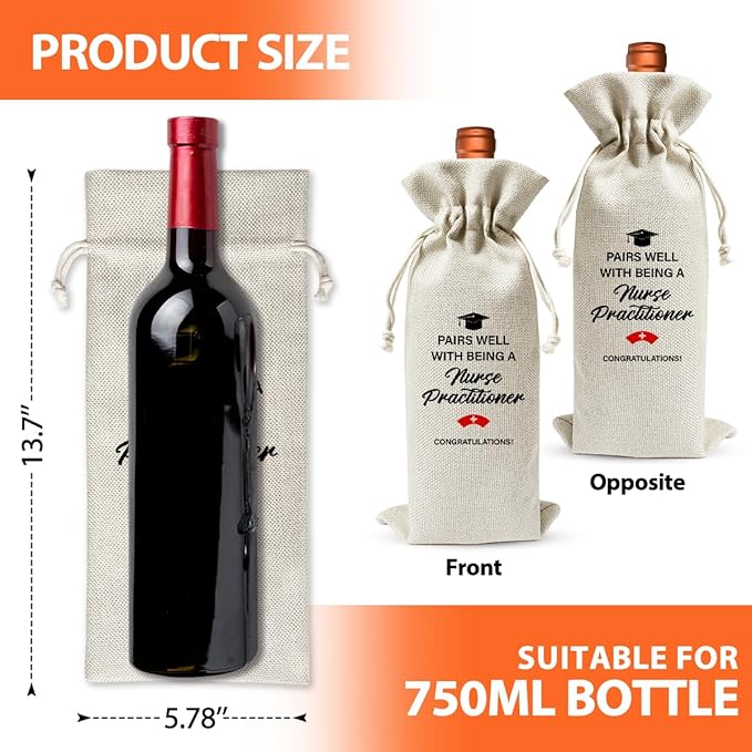 Nurse Practitioner Wine Bag For Women Men, RN Graduation Party Supply Favor Decor, Med School Graduation Gift for Registered Nurse Residency PA BSN, Nurse Week Gift, Reusable Wine Bags With Drawstring