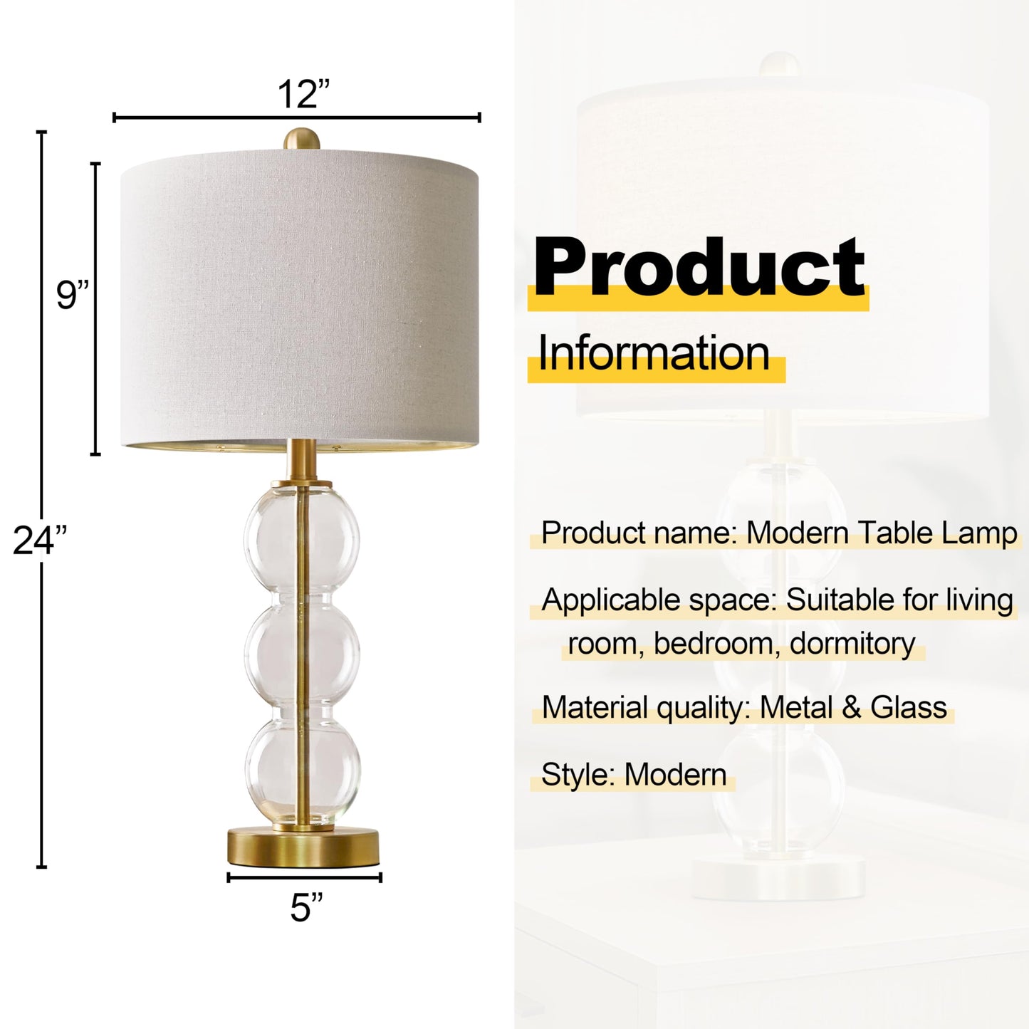 Oneach 24in Glass Table Lamps Set of 2, Gold, USB Ports, Linen Shade, Model OYS-AMZ-T1123GL-U