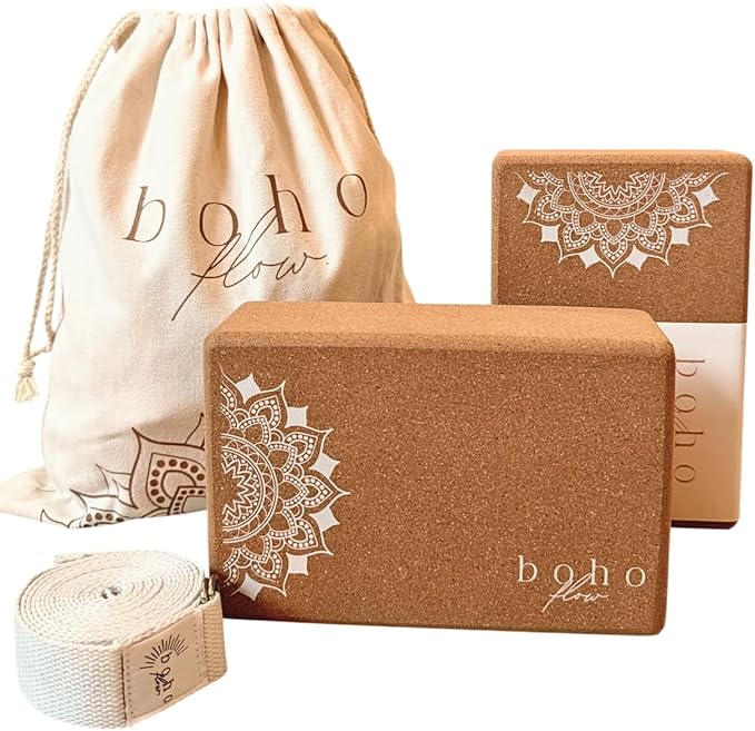 Boho Flow Cork Yoga Block 2 Pack with Strap & Bag | Premium Eco-Friendly Cork Bricks 9”x6”x3” | Heavy-Duty, Non-Slip & Dur...