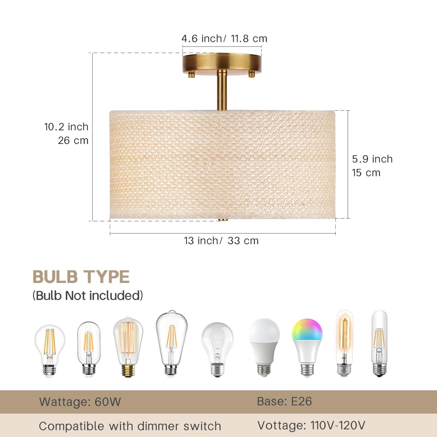 Clarsyne 13 Boho Rattan-Style Semi Flush Mount Ceiling Light Fixture  3-Light Modern Fabric Shade Drum Lamp  White Rustic Lighting For Bedroom  Kitchen  Dining Room  Living Room  Hallway  Entryway