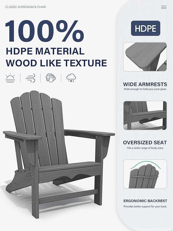 KINGYES HDPE Adirondack Chair Set of 6, Classic Oversize Adirondack Chair, Grey