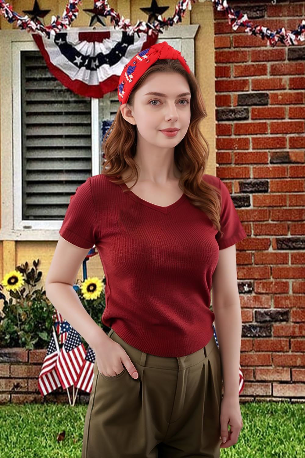 Gmmidea American Flag Star Headband 4th of July Patriotic Accessories for Women Girls Beaded Rhinestone Jeweled Knotted Headband