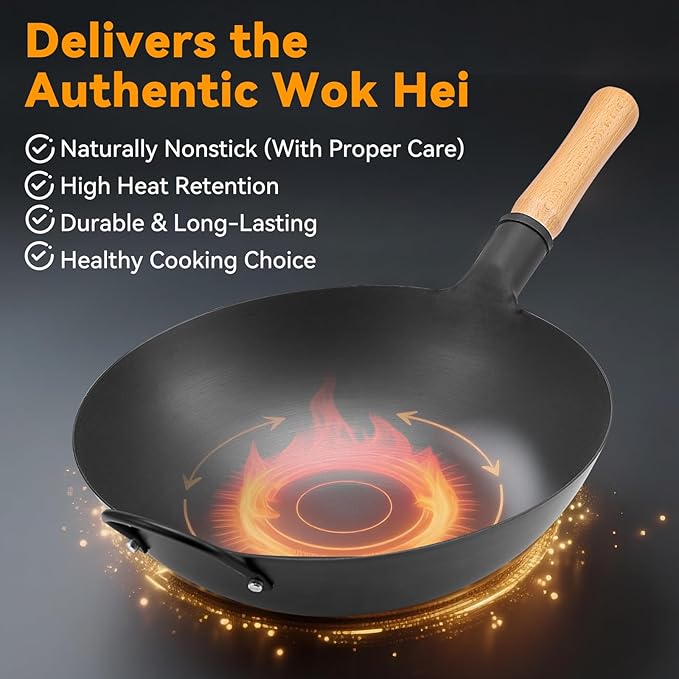 WANGYUANJI 14.2 Inch Round-Bottom Iron Wok, Deep Chinese Stir-Fry Pan (Seasoning Required), Wok Ring Required, Not Flat-Top/Induction — No Lid, No Ring,Wooden Handle, Coating-Free