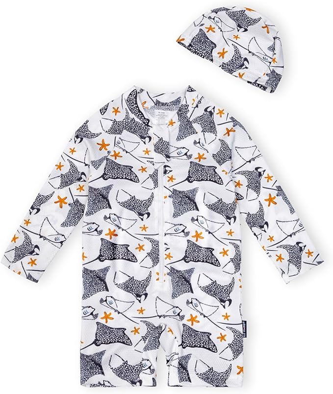 EZ Moms Baby Boy Swimsuit UPF 50+ Long-Sleeve One Piece Zipper Toddler Bathing Suit Baby Beach Wear Sunsuit with a Swim Cap