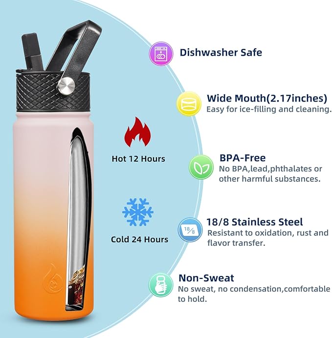 BJPKPK Insulated Water Bottles with Straw Lid, 22oz Cold & Hot Thermo, Stainless Steel Metal Water Bottle with 3 Lids, Reusable Thermo, Cups, Mugs for Daily Use-Coral