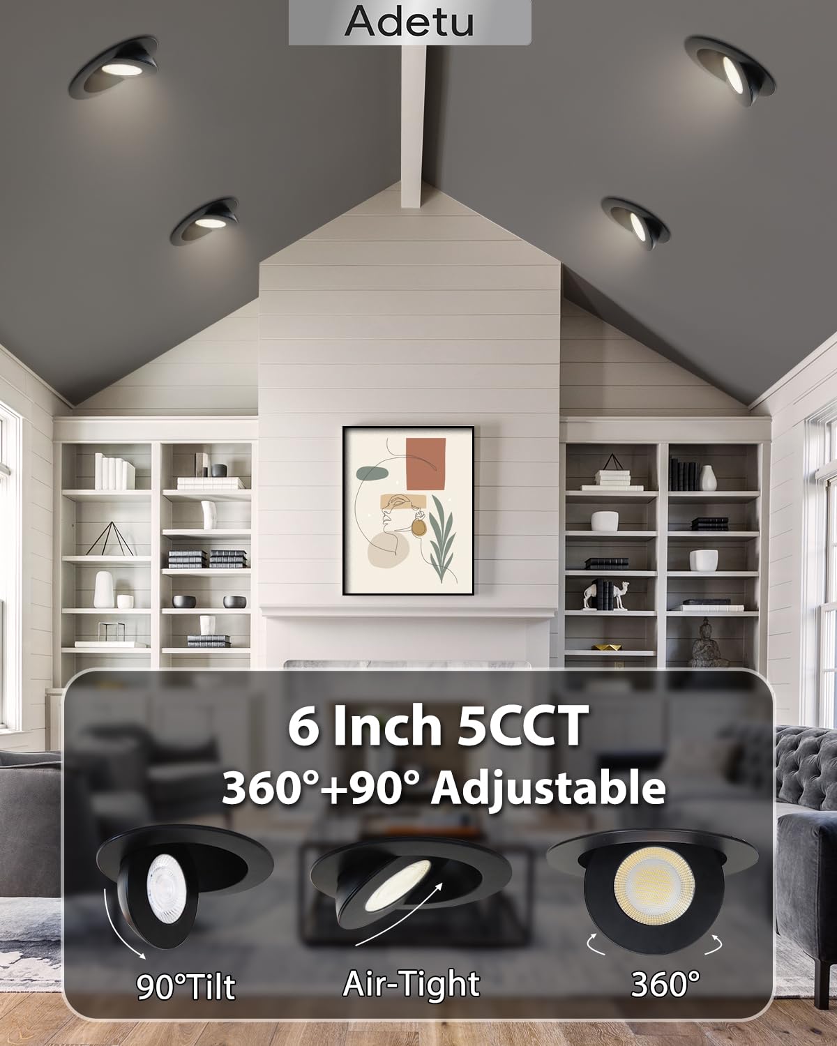 Adetu Led Recessed Lighting 6 Inch  360?90?Adjustable Directional Gimbal 6 Inch Led Recessed Light  2700K-5000K 5Cct Dimmable Retrofit Eyeball Can Recessed Lights With Jbox  Et (Black 6 Pack)