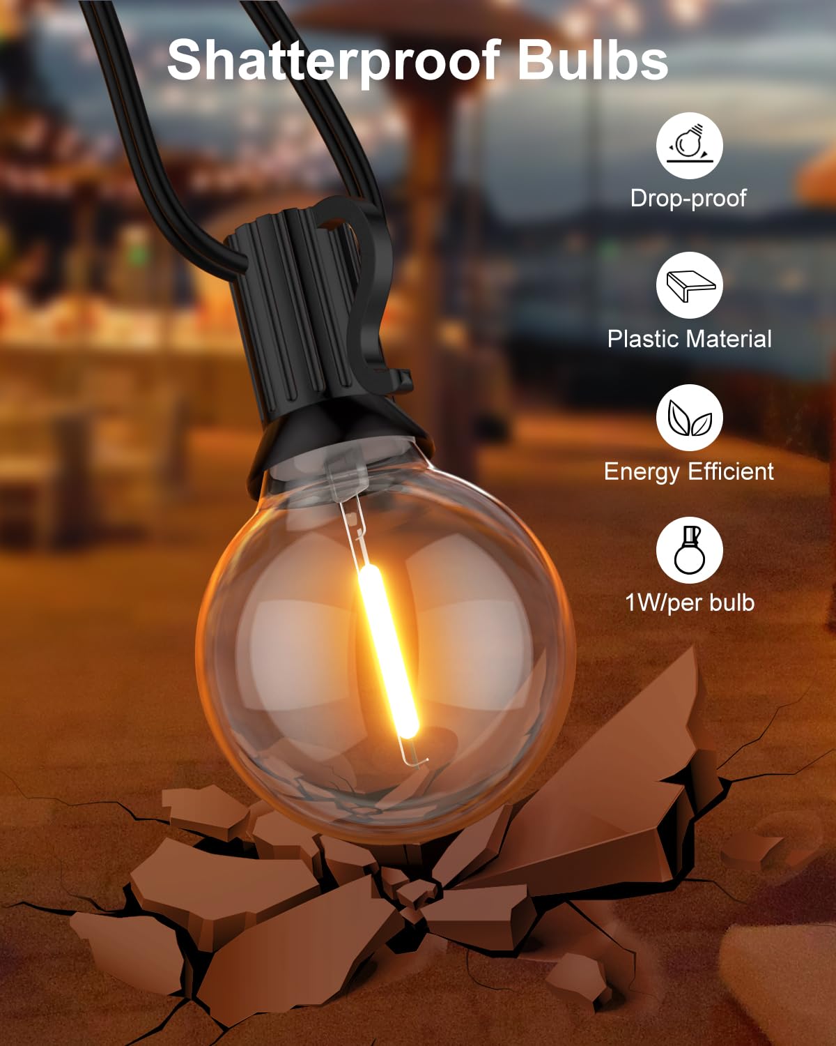 Gluroo Outdoor String Lights 30Ft Led Waterproof 15+1 Shatterproof Bulbs G40 Black Model O151 For Patio, Backyard, Camping, Garden