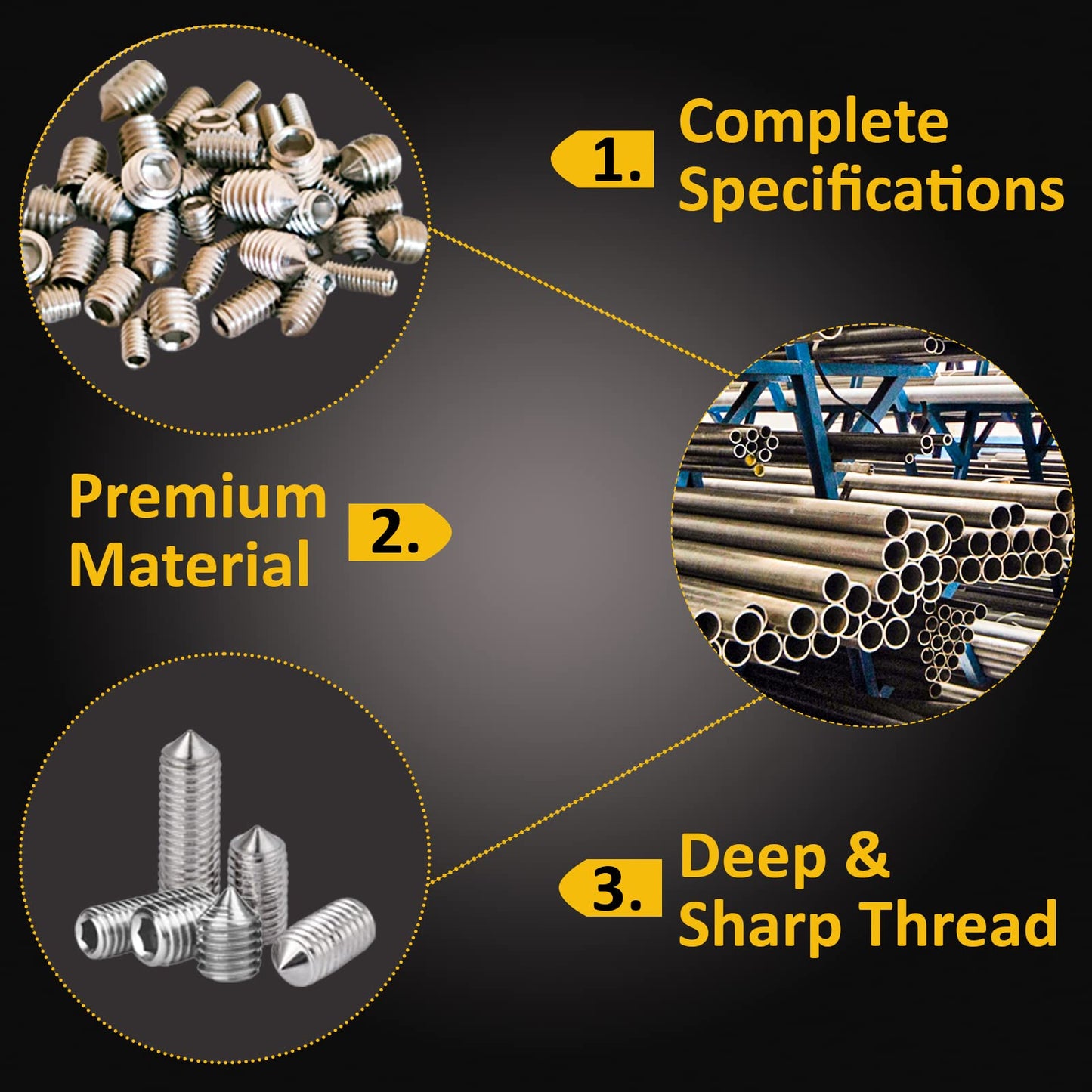 FIXXELY Cone Point Set Screws 48 Pcs (M3,M4,M5,M6) Hex Head - Metric 304 Stainless Steel Grub Screws Assorted Sizes Ideal for Home Repairs, Bathroom Fixtures and More