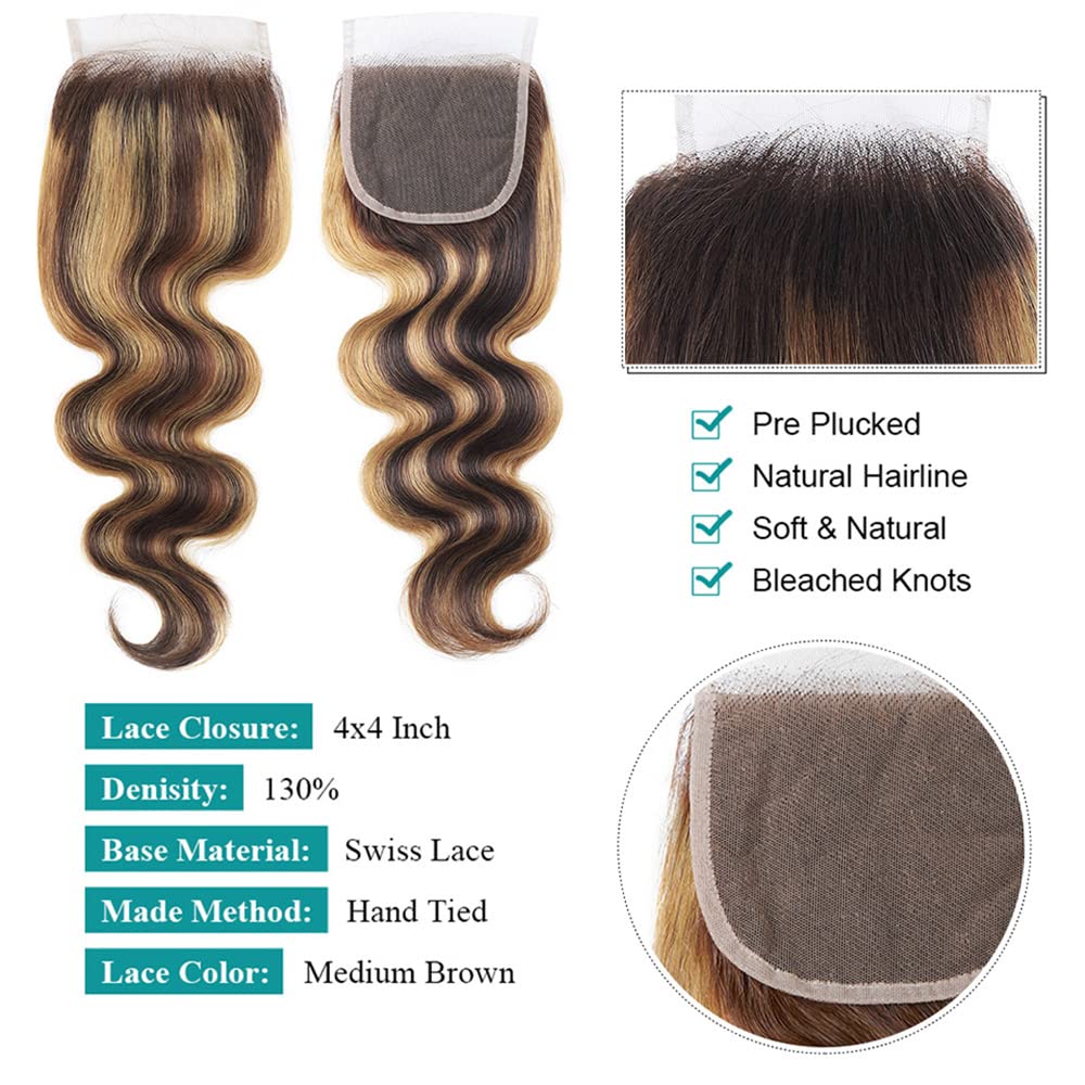 Lace Closure Human Hair Pre Plucked With Baby Hair 4/27 Closure Body Wave Brown To Honey Blonde Two Tone 4X4 Free Part Bleached