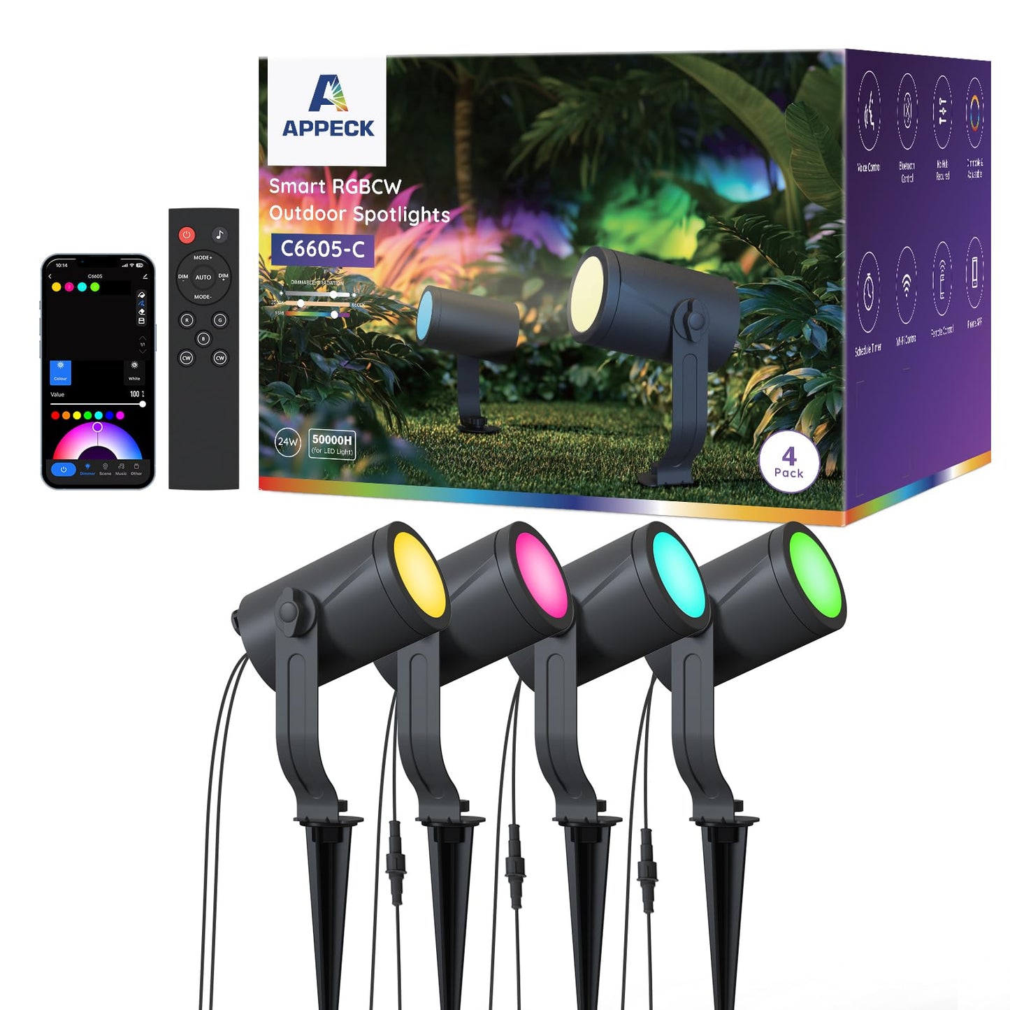 APPECK Smart Outdoor Spot Lights, 24W RGBCW Color Changing, IP65 Waterproof, 4 Pack, Aluminum, Black, Model C6605-C
